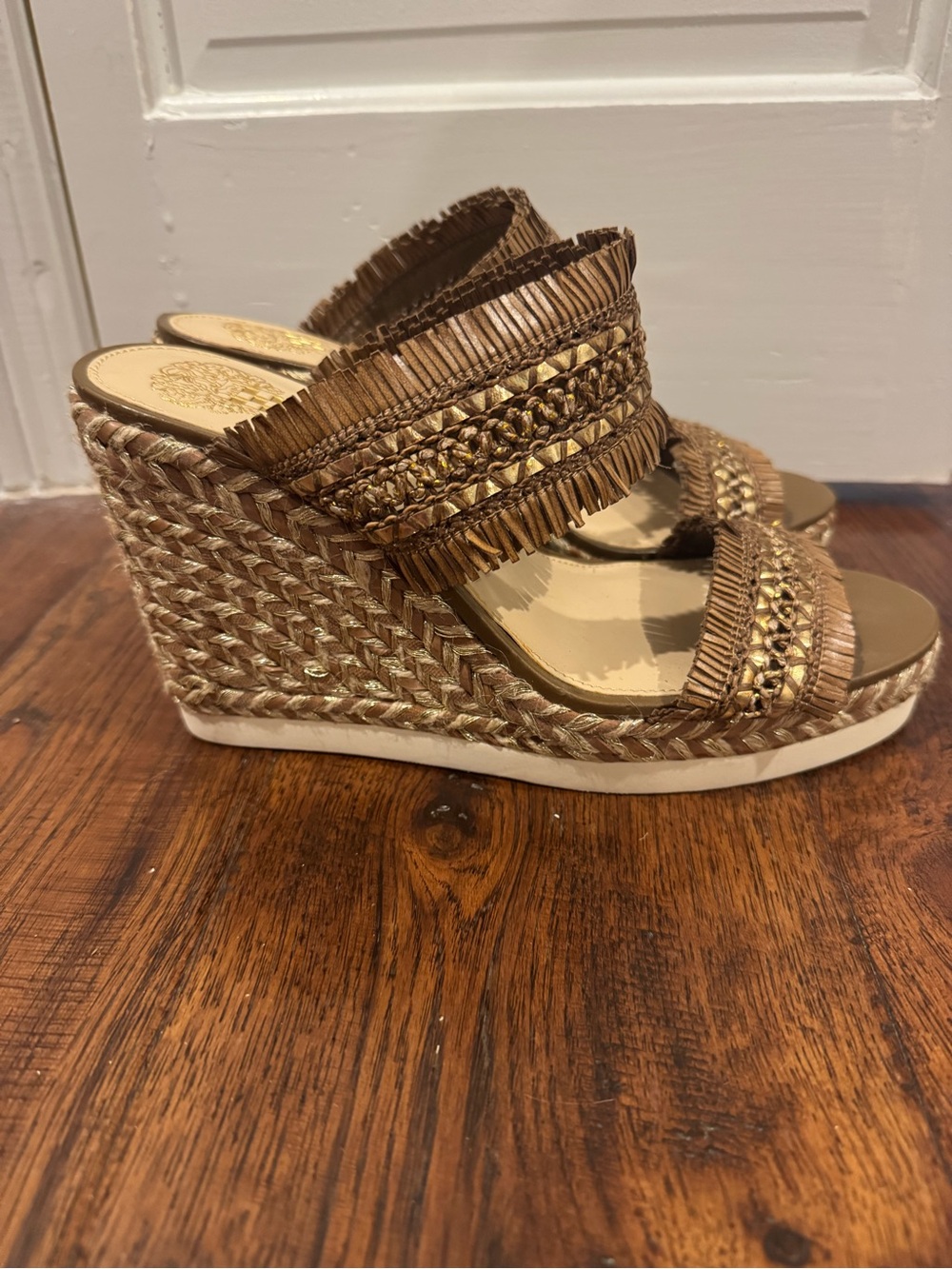 Vince Camuto Tan and Gold Braided Wedge Slides - Picture 4 of 7